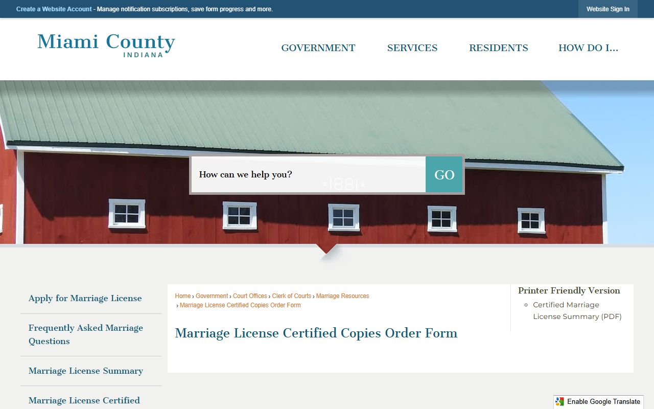 Miami County marriage records certified copy order page